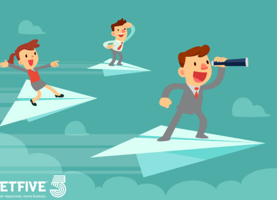 Business team on paper airplanes. Businessman with spyglass and his team flying on paper airplanes searching for new opportunity.