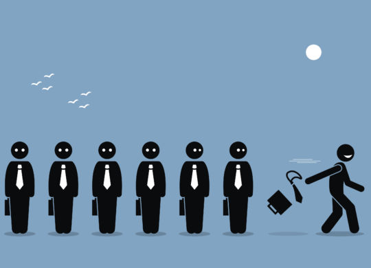 Employee quiting his job by throwing away business briefcase bag and tie leaving all other boring workers behind. Vector artwork depicts the pursuit of happiness.
