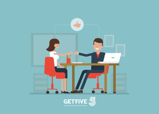 Vector concept of job interview women in flat style. Jobseeker and employer sit at the table and talk. Good impression. Thumbs up! Simple concept with working situation, recruitment or hiring.