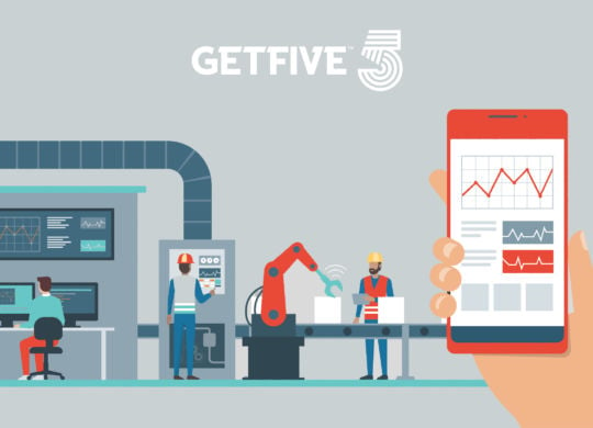 Industry 4.0 monitoring app on a smartphone and smart automated production line with workers and robots on the background