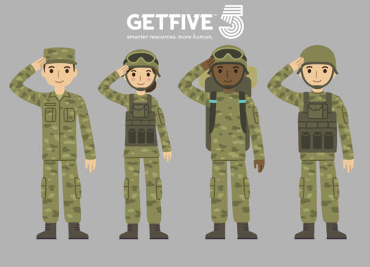 US Army soldiers, men and woman, in camouflage combat uniform saluting. Cute flat cartoon style. Isolated vector illustration.