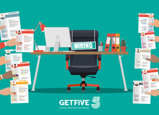 Office chair, sign vacancy. Table with office items. Hiring and recruiting. Human resources management concept, searching professional staff work. Found right resume. Vector illustration in flat style